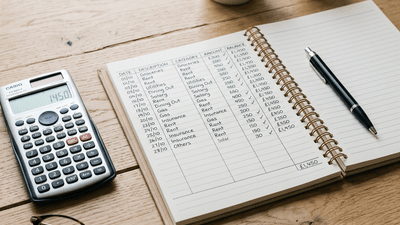 Notebook with budget planning and a calculator on wooden desk