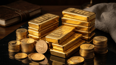 Gold bars and coins stacked on dark reflective surface with dramatic lighting